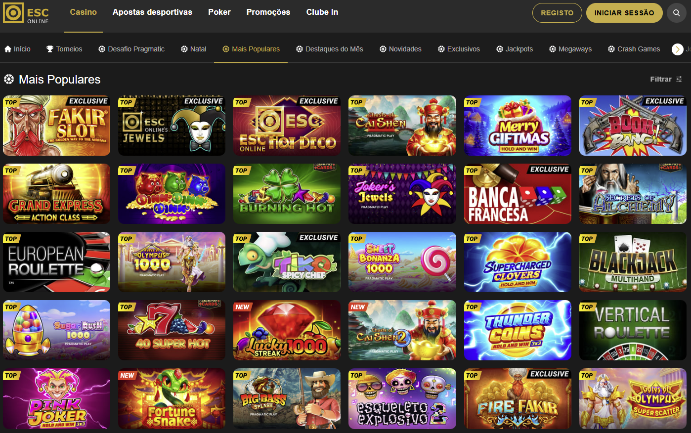 Seleção de jogos no Esc Casino