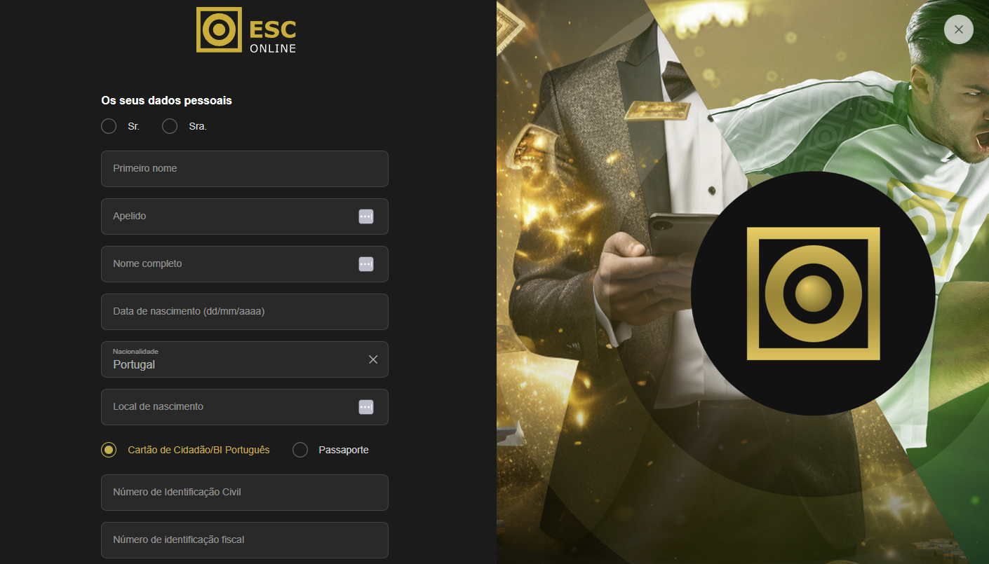 Ecrã de registo do Esc Casino